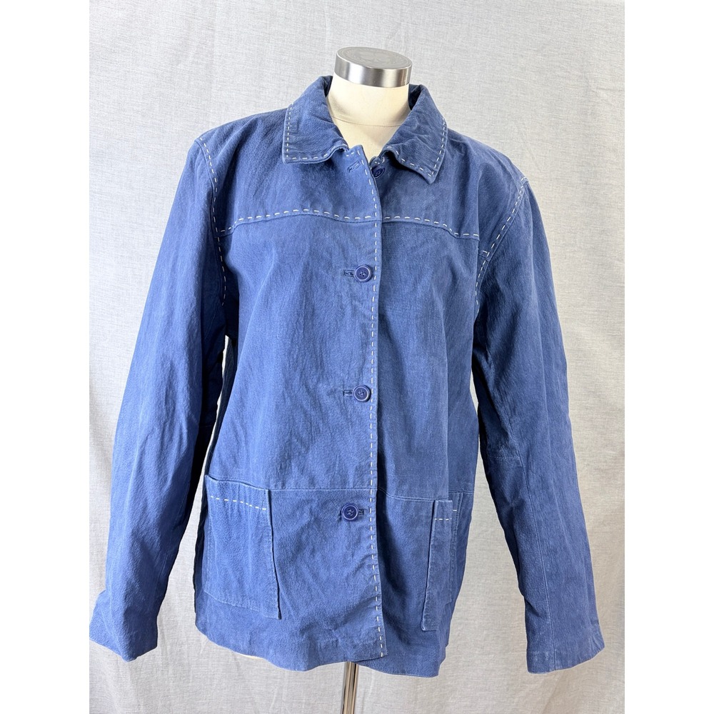 Vintage‎ 90s Denim & Co Blue Suede Leather Barn Jacket Pick Stitch Chore Coat XL